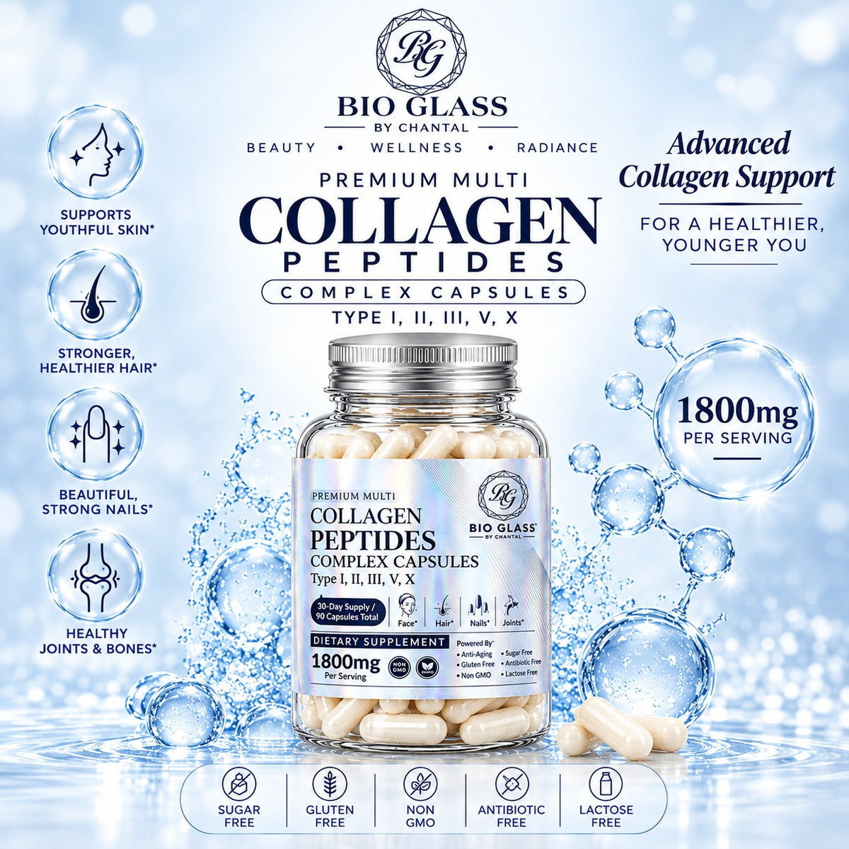 Bio Glass Multi Collagen Peptides Capsules – Type I, II, III, V & X – Hair, Skin, Nails, Joint & Bone Support – 1800mg Non-GMO – 90 Capsules
