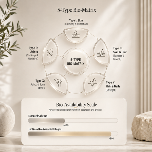 BioGlass 5-Type Bio-Matrix showing collagen Types I II III V and X with bio-availability comparison
