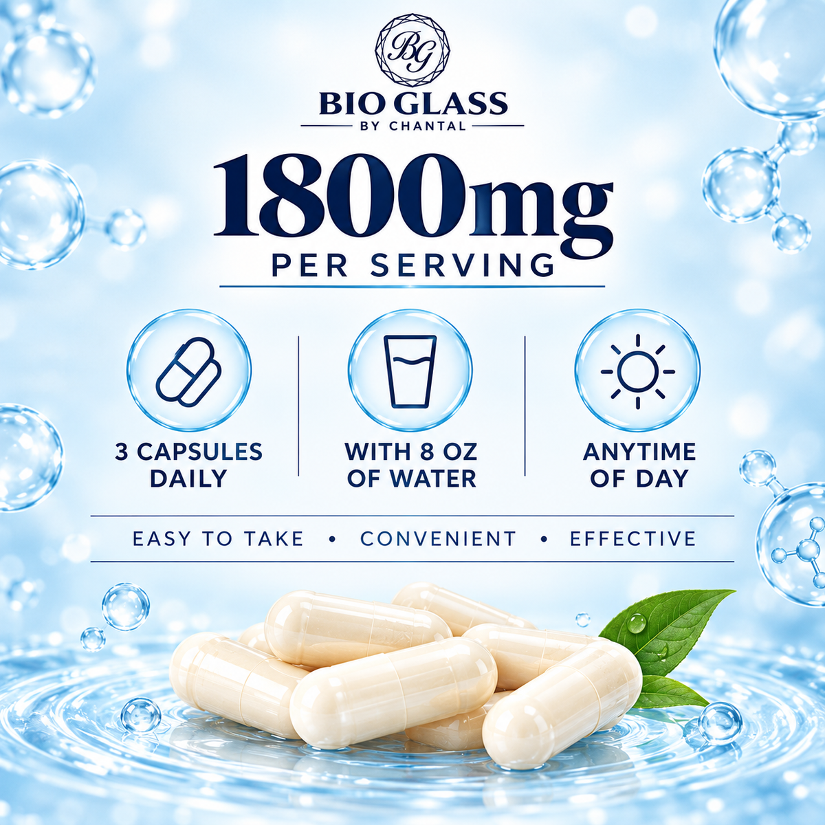 Bio Glass Multi Collagen Peptides Capsules – Type I, II, III, V & X – Hair, Skin, Nails, Joint & Bone Support – 1800mg Non-GMO – 90 Capsules